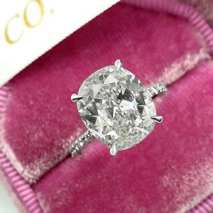 4.5 Carat Cushion Cut Moissanite Engagement Ring: Pave Hidden Halo