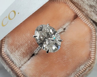 6.75 carat Oval Moissanite Engagement Ring, Claw 4 Prongs Ring, Pave Moissanite Engagement Ring, Dainty Ring, Moissanite Hidden Halo Ring