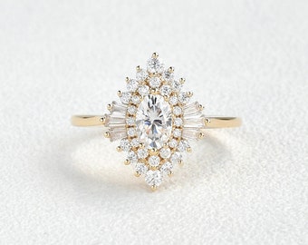 1 ct Oval Cut Moissanite Engagement Ring, Claw Prongs Ring, Double Halo Cluster Bridal Ring, Dainty Wedding Ring, Art Deco Vintage Ring