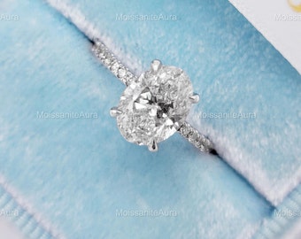 2.5ct Oval Cut Moissanite Engagement Ring, Classic 4 Claw Prongs With Invisible Halo Ring, Pave Solitaire Ring, Divergent Ring, Bridal Ring
