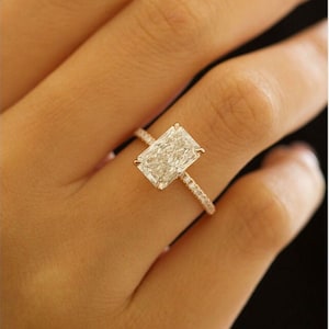 3 CT Radiant Cut Moissanite Ring, Radiant Engagement Ring, Bridal Pave & Hidden Halo Wedding Ring, Classic Prong Ring, Solitaire Ring