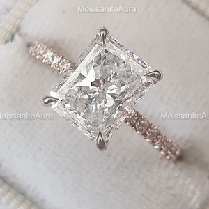 2 CT Radiant Cut Moissanite Engagement Ring, Two-tone Ring, Bridal Pave & Hidden Halo Wedding Ring, Classic Prong Ring, Solitaire Ring