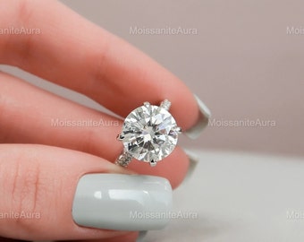 5CT Round Cut Moissanite Ring/Hidden Halo Three Side Pave Engagement Ring/Round Solitaire Ring/Bridal Wedding Ring/Delicate Ring/For Women