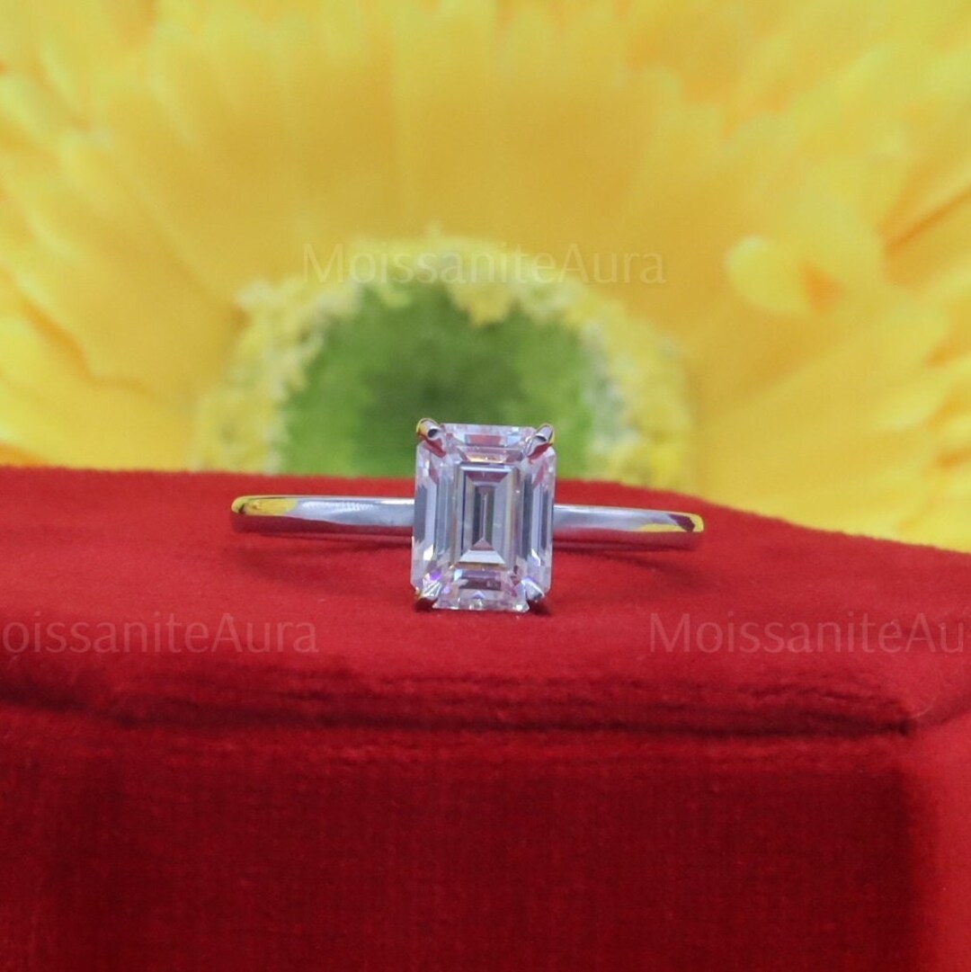 2 CT Emerald Cut Moissanite Engagement Ring, Classic 4 Claw
