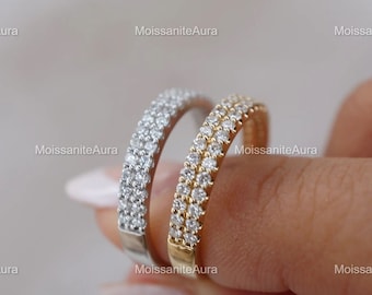 Moissanite Wedding Band, Double Row Moissanite Band, Two Row Band, Engagement Band, Half Eternity Moissanite Band, Solid 10K Gold Band
