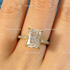 3.5ct Radiant Cut Moissanite Ring, Radiant Engagement Ring, Bridal Pave & Hidden Halo Wedding Ring, Classic Prong Ring