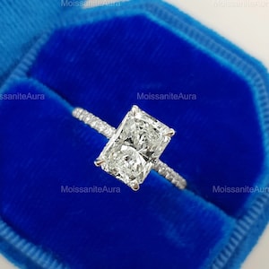 3ct Radiant Cut Moissanite Engagement Ring, Classic 4 Claw Prongs With Invisible Halo Ring, Pave Solitaire Ring, Bridal Wedding Ring, 4 HER