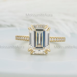 4ct Emerald Cut Moissanite Engagement Ring, Classic 4 Claw Double Prongs With Invisible Halo Ring, Dainty Solitaire Ring, & Cathedral shank