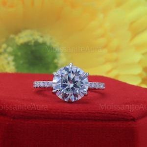 Anillo de moissanita de corte redondo de 3 CT, anillo de compromiso redondo, anillo de halo oculto y de 6 puntas, anillo de solitario nupcial, anillo de boda pavé,