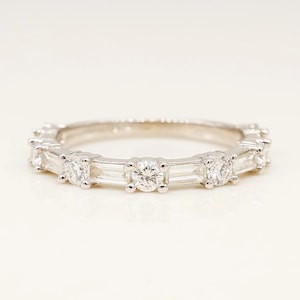 Baguette & Round Cut Moissanite Band, Dainty Engagement Band, Half Eternity Delicate Band, Anniversary Band, Matching Band