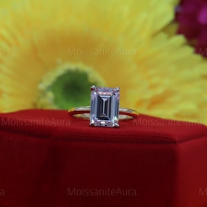 4 Carat Emerald Cut Moissanite Engagement Ring, Classic Two-tone Solitaire Ring, With Invisible Halo, Anniversary Gift, Claw 4 Prongs Ring