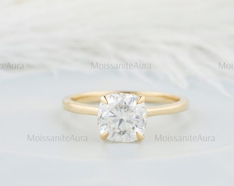 2ct Cushion Cut Moissanite Ring, Cushion Engagement Ring, 4 Prong & Hidden Halo Ring, Classic Solitaire Ring, Dainty Wedding Ring
