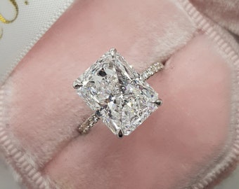 5.5 ct Radiant Cut Moissanite Ring, Radiant Engagement Ring, Bridal Pave & Hidden Halo Wedding Ring, Classic Prongs Ring, Bridal Ring