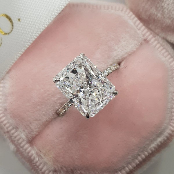 5.5 ct Radiant Cut Moissanite Ring, Radiant Engagement Ring, Bridal Pave & Hidden Halo Wedding Ring, Classic Prongs Ring, Bridal Ring