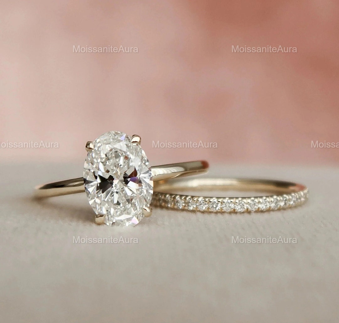2 Ct Oval Moissanite Engagement Ring Set: Vintage Art Deco 14k Gold ...