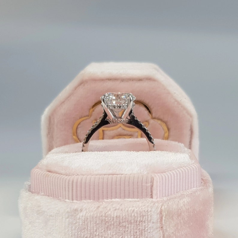 Pu&ograve; includere: Un anello di fidanzamento in argento con un grande diamante rotondo e chiaro in una montatura a cuscino. L'anello &egrave; in una scatola per anelli in velluto rosa.