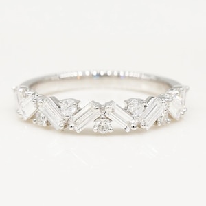Divergent Baguette and Round Moissanite Wedding Band, Bridal Engagement Band, Half Eternity Delicate Band, Ring Matching Band