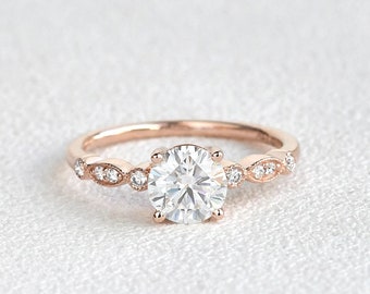 1CT Round Cut Moissanite Engagement Ring, Claw 4 Prongs, Solitaire Ring, Vintage Ring, Anniversary Gift, Divergent Pave Design