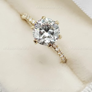 2ct Round Cut Moissanite Engagement Ring, Classic Claw 6 Prongs, Unique Pave Solitaire Ring, Bridal Wedding Ring, Promise Ring