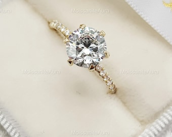 2ct Round Cut Moissanite Engagement Ring, Classic Claw 6 Prongs, Unique Pave Solitaire Ring, Bridal Wedding Ring, Promise Ring