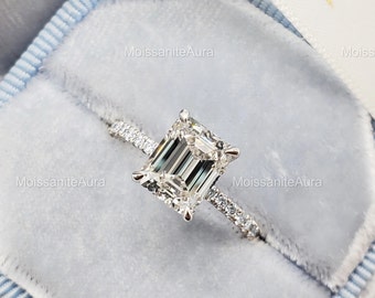 2CT Emerald Cut Moissanite Engagement Ring, Hidden Halo Engagement Ring, Claw Prongs Ring, Anniversary Gift Ring, Bridal Wedding Ring