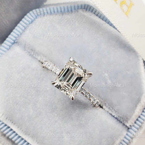 Anillo de compromiso de moissanita de corte esmeralda de 2 quilates, anillo de compromiso con halo oculto, anillo con garras, anillo de aniversario, anillo de boda.