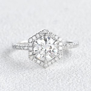2 ct Round Moissanite Engagement Ring, Hexagon Shape Halo Ring, Unique Ring, Wedding Ring, Anniversary Gift, Forever Promise Ring, Pave Ring