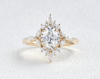 1 ct Oval Cut Moissanite Engagement Ring, Claw Prongs Ring, Halo Cluster Bridal Ring, Dainty Wedding Ring, Art Deco Vintage Ring,  For Woman
