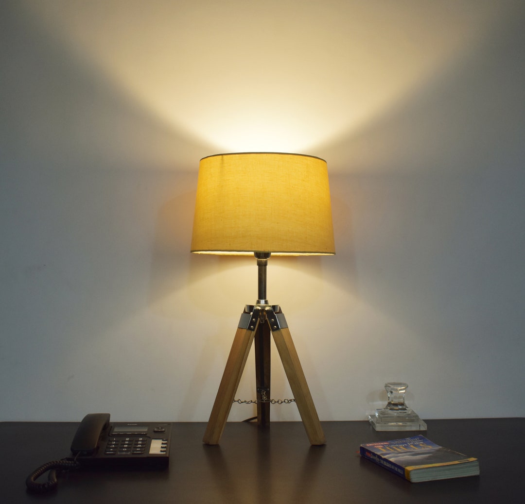 Tripod Bedside Table Lamp Yellow Shade Night Light Home Decor Etsy