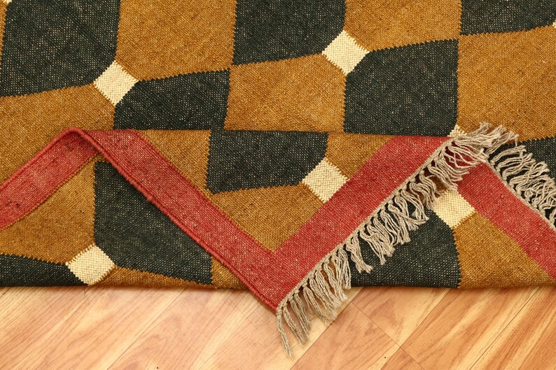 Handwoven Wool Jute Yellow Kilim Rug Geometric Kilim Traditional