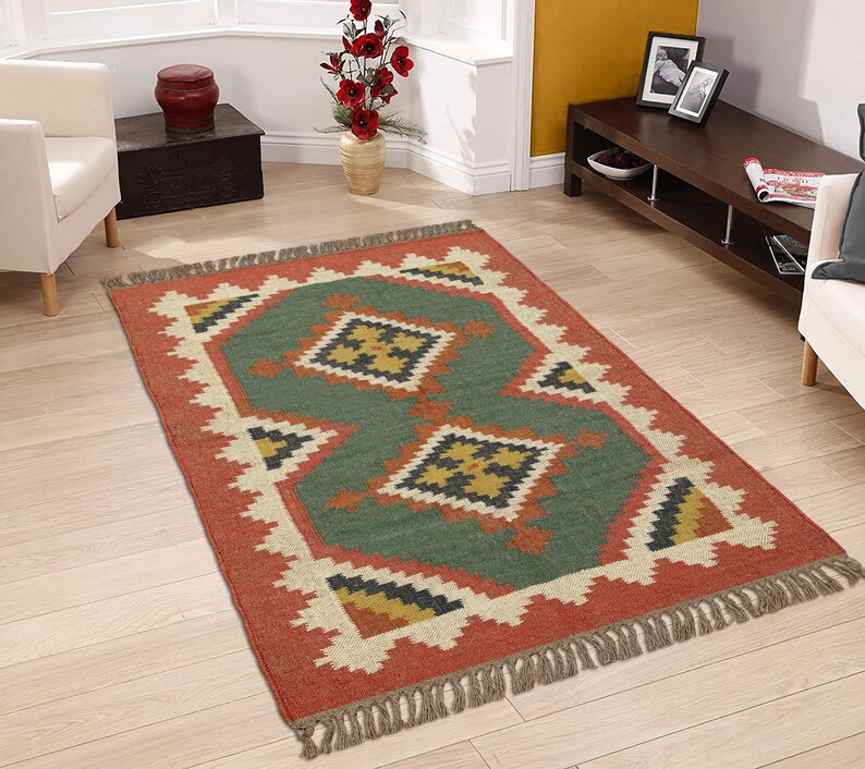 Wool/jute Traditional Green Kilim Rug Handwoven Living Room Kilim Rug