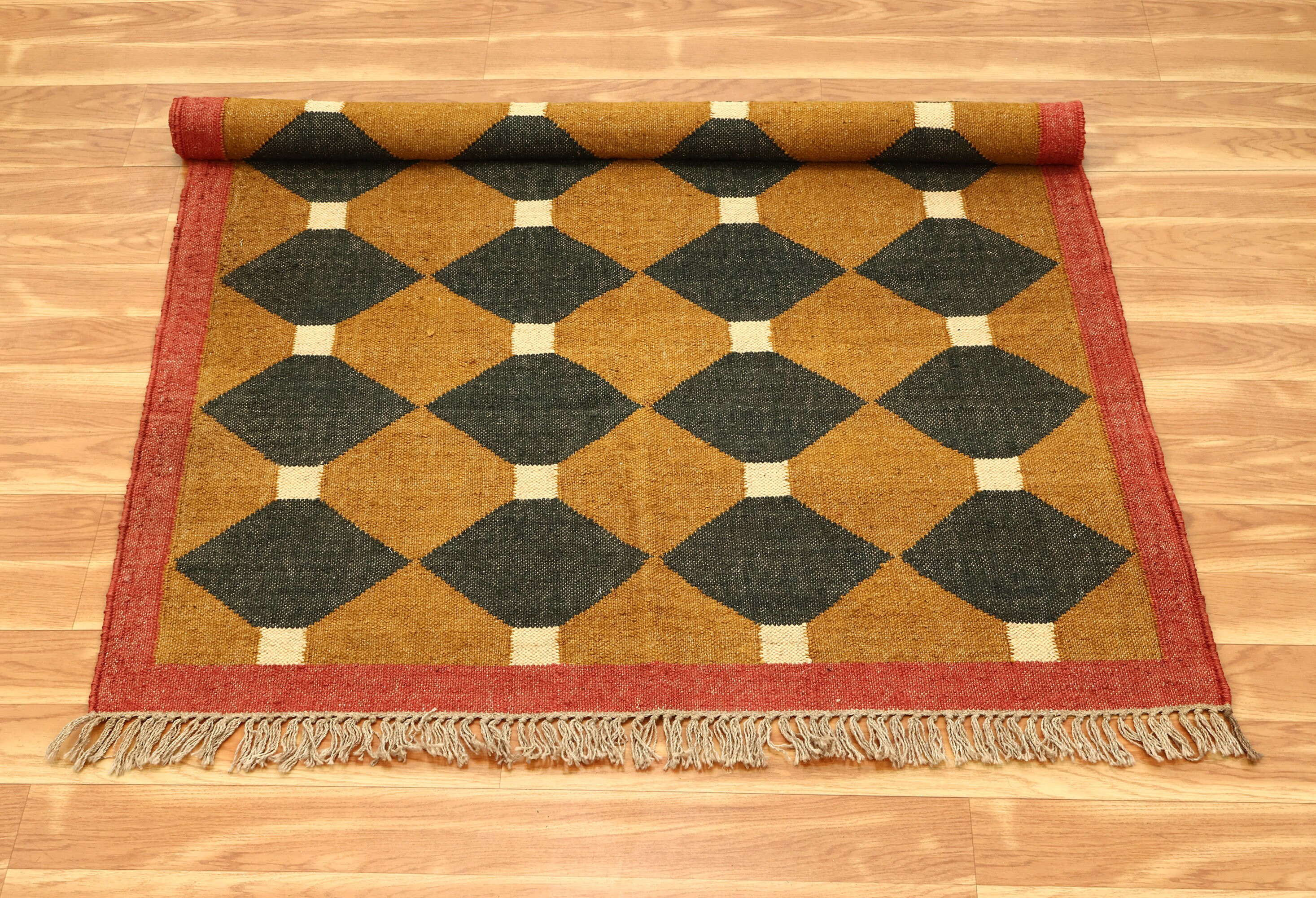Handwoven Wool Jute Yellow Kilim Rug Geometric Kilim Traditional