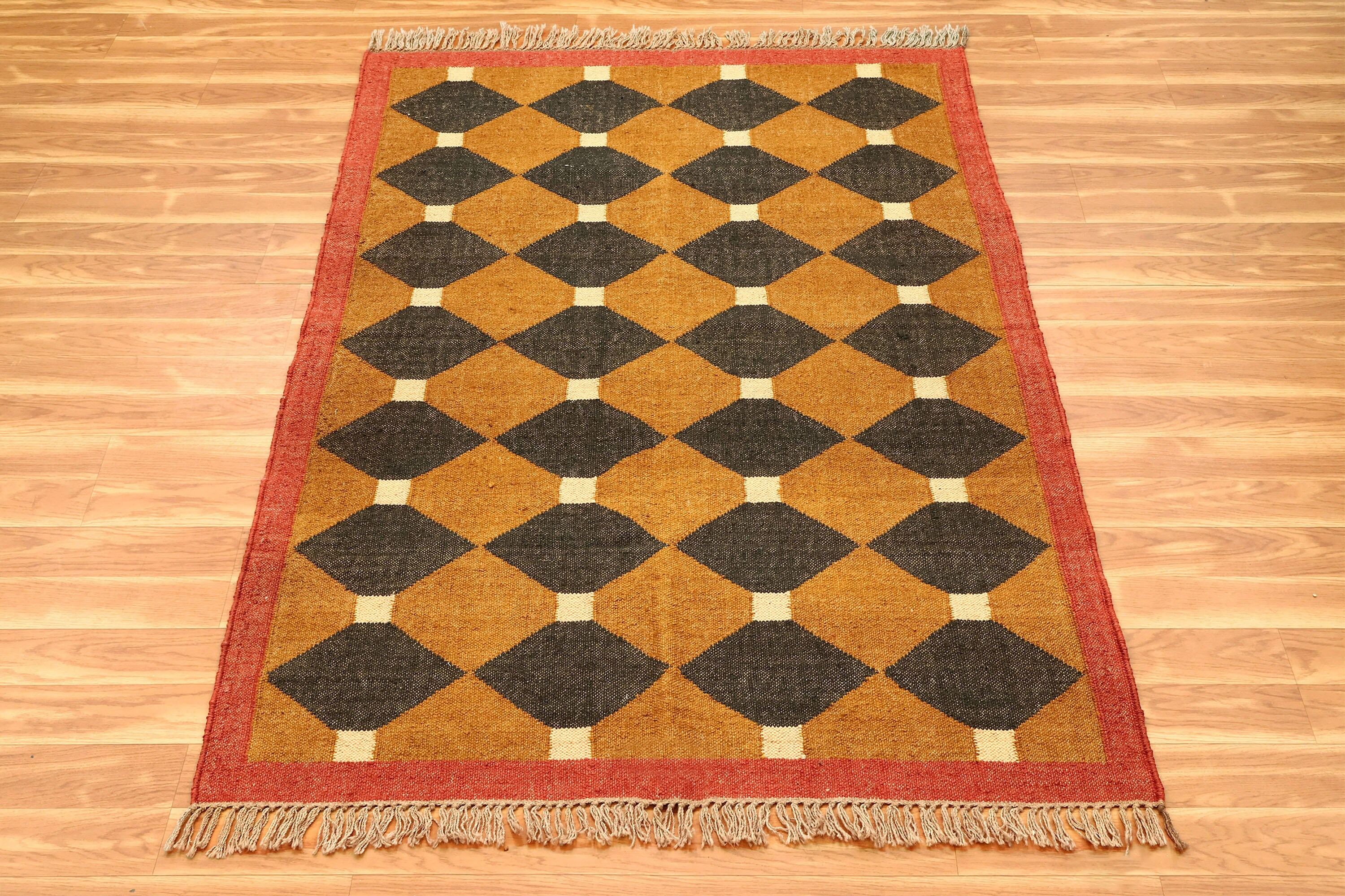 Handwoven Wool Jute Yellow Kilim Rug Geometric Kilim Traditional