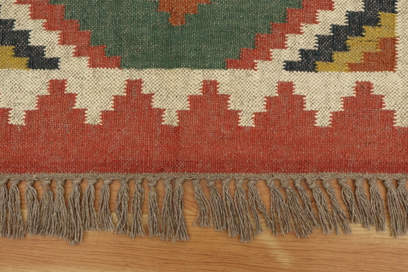 Wool/jute Traditional Green Kilim Rug Handwoven Living Room Kilim Rug