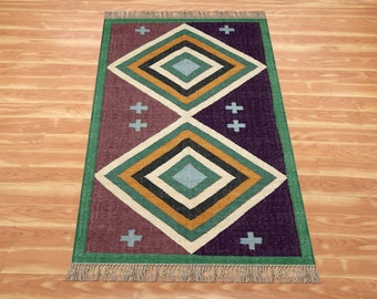 Indian Wool/Jute Kilim Rugs Handwoven Living Area Rug Brown/Green Outdoor Patio Kilim Rugs Geometric Rugs Floor Carpet 4x4, 3x10, 9x12 Ft