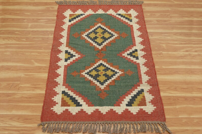 Wool/jute Traditional Green Kilim Rug Handwoven Living Room Kilim Rug
