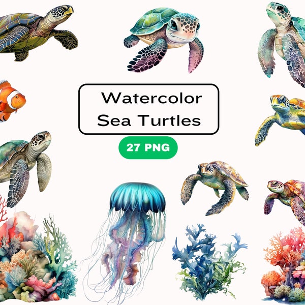 Watercolor Sea Turtle Clipart, instant download, commercial use, cute nautical ocean animals
