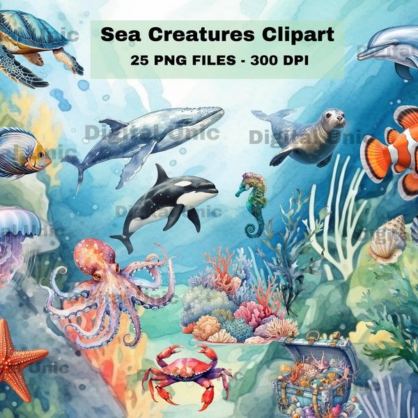 Watercolor Sea Creatures Clipart, Turtle, Octopus, Dolphin, Sealife, Wall Art, Seal, Whale, Commercial Use
