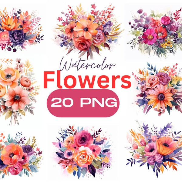 Watercolor Flower Clipart, Flowers Bundle Illustrations, Flowers PNG, Instant Download, Digital Png