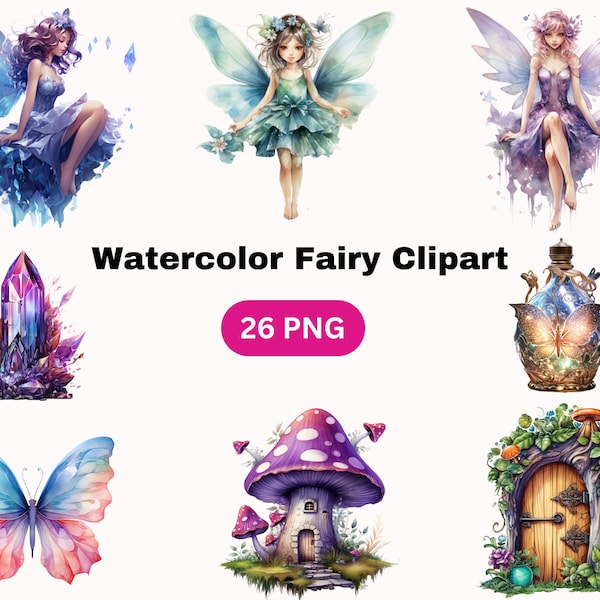 26 PNG Watercolor Fairy Clipart, Floral Little Fairies Fairyland Clip art, instant download for commercial use