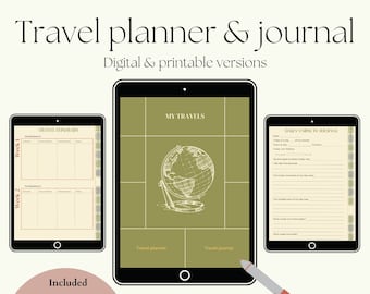 May include: Digital and printable travel planner and journal with a green cover. The planner includes a travel itinerary, a travel journal, and a daily 5-minute journal. The image shows a globe on the cover of the journal.