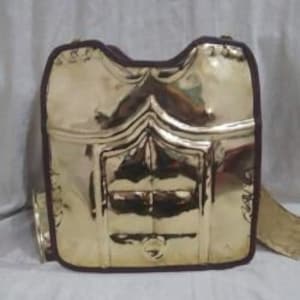 May include: A gold-colored metal breastplate with a decorative design. The breastplate has a dark brown leather strap.