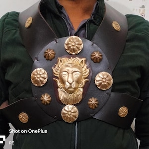 May include: A brown leather chest piece with gold accents. The chest piece features a lion's head in the centre and is decorated with circular floral designs.