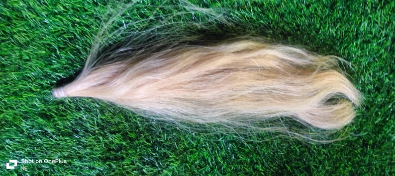 May include: A long, light blonde hair extension. The hair is straight and appears to be very soft.