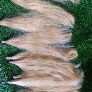 May include: A set of seven blonde hair extensions, each with a small metal clip at the top. The extensions are laid out on a green surface.