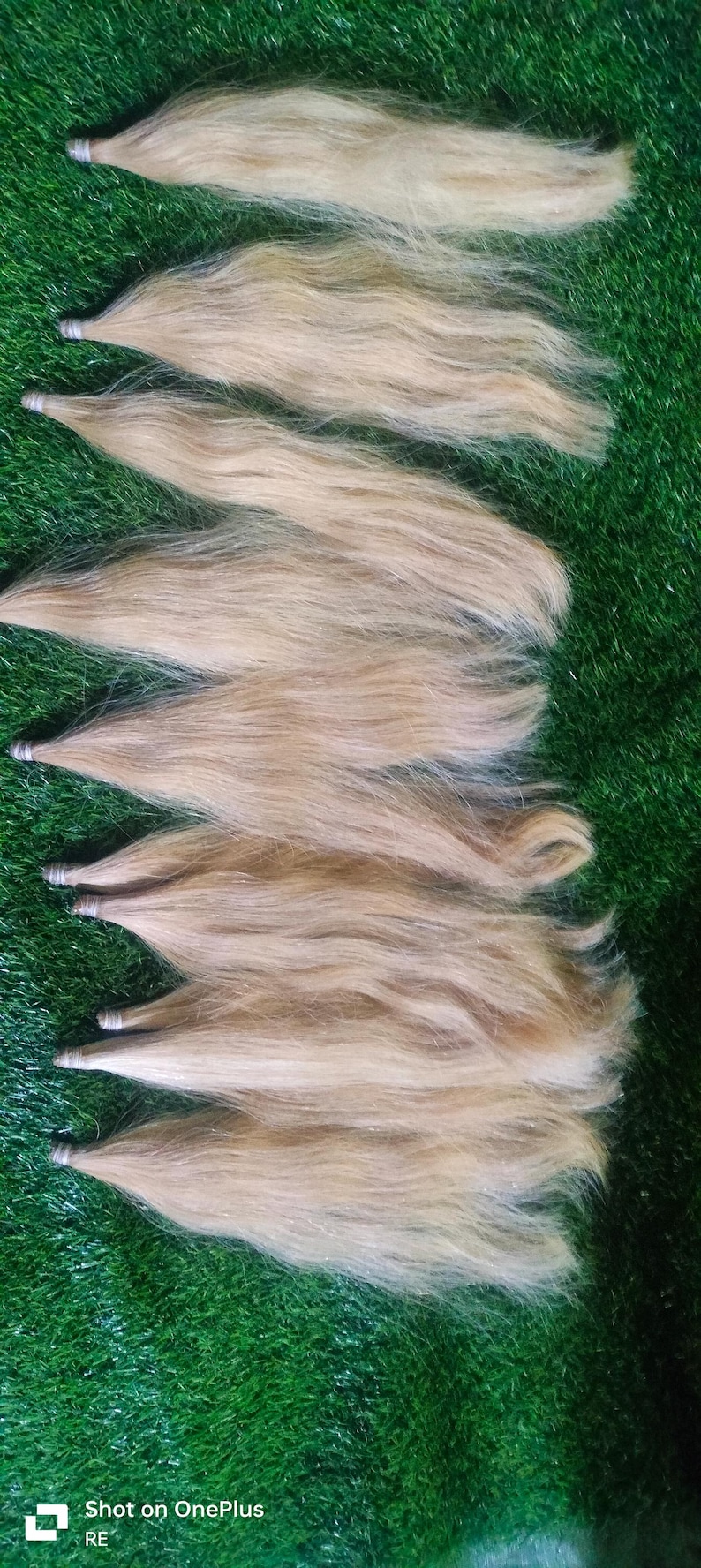 May include: A set of seven blonde hair extensions, each with a small metal clip at the top. The extensions are laid out on a green surface.