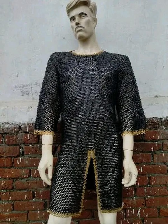 Medieval Viking Chainmail Hauberk – 9mm Steel Maille with Brass Edges for Reenactment Armor