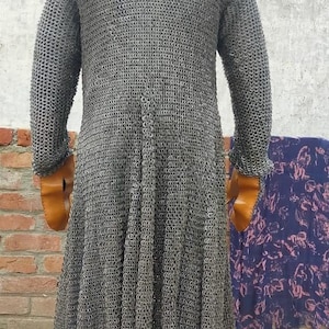 Full-length Viking chainmail hauberk with integrated mittens and coif