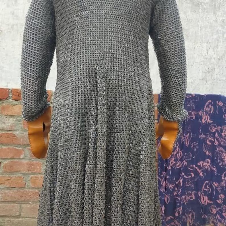 Full-length Viking chainmail hauberk with integrated mittens and coif