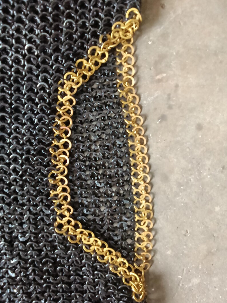 Heavy-duty Viking chainmail shirt with decorative brass edging